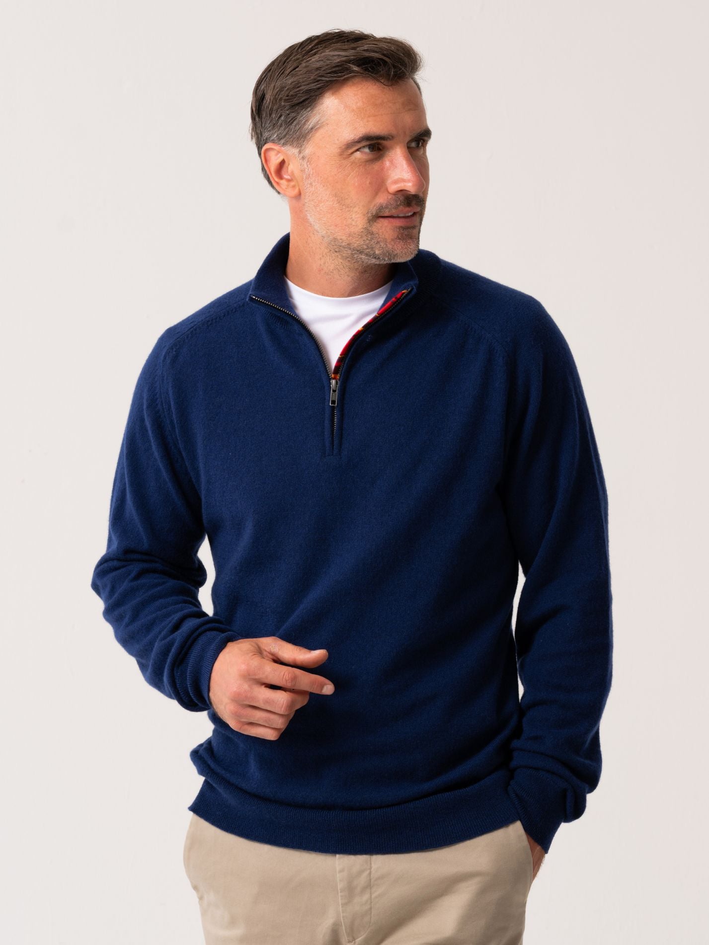 Mens Navy Quarter Zip Jumper - Wool & Cashmere blend with African fabric detail.