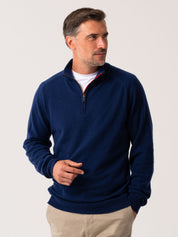 Mens Navy Quarter Zip Jumper - Wool & Cashmere blend with African fabric detail.