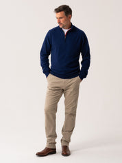 Mens Navy Quarter Zip Jumper - Wool & Cashmere blend with African fabric detail.