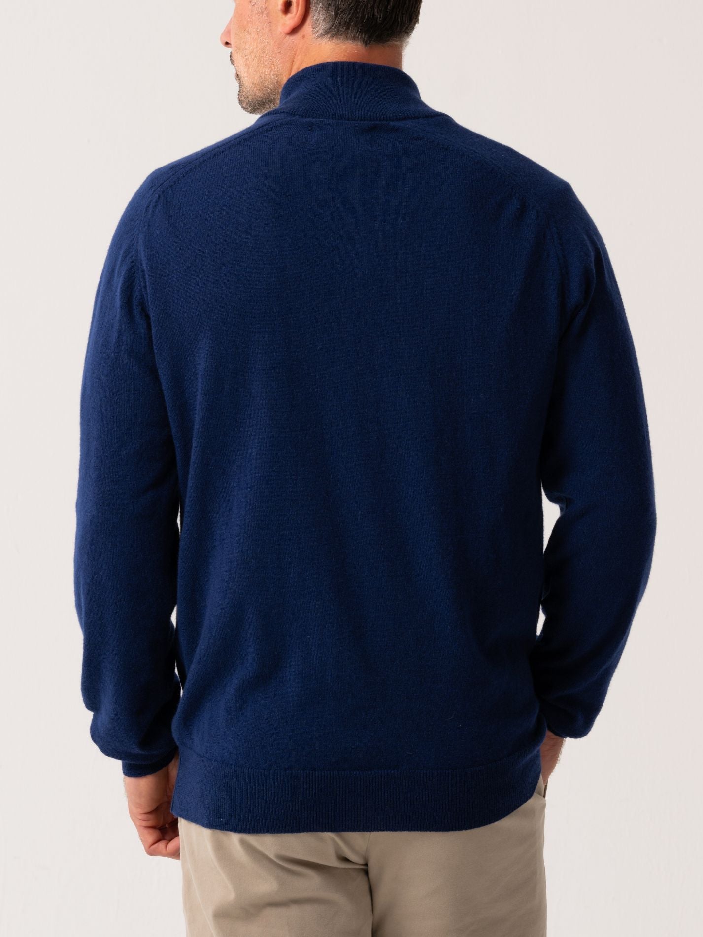 Mens Navy Quarter Zip Jumper - Wool & Cashmere blend with African fabric detail - back view
