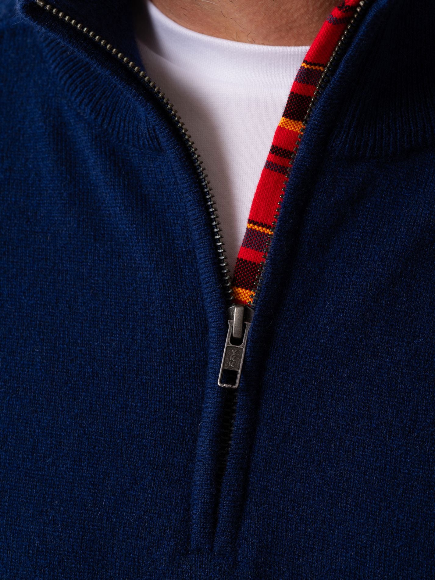 Mens Navy Quarter Zip Jumper - Wool & Cashmere blend with African fabric detail.