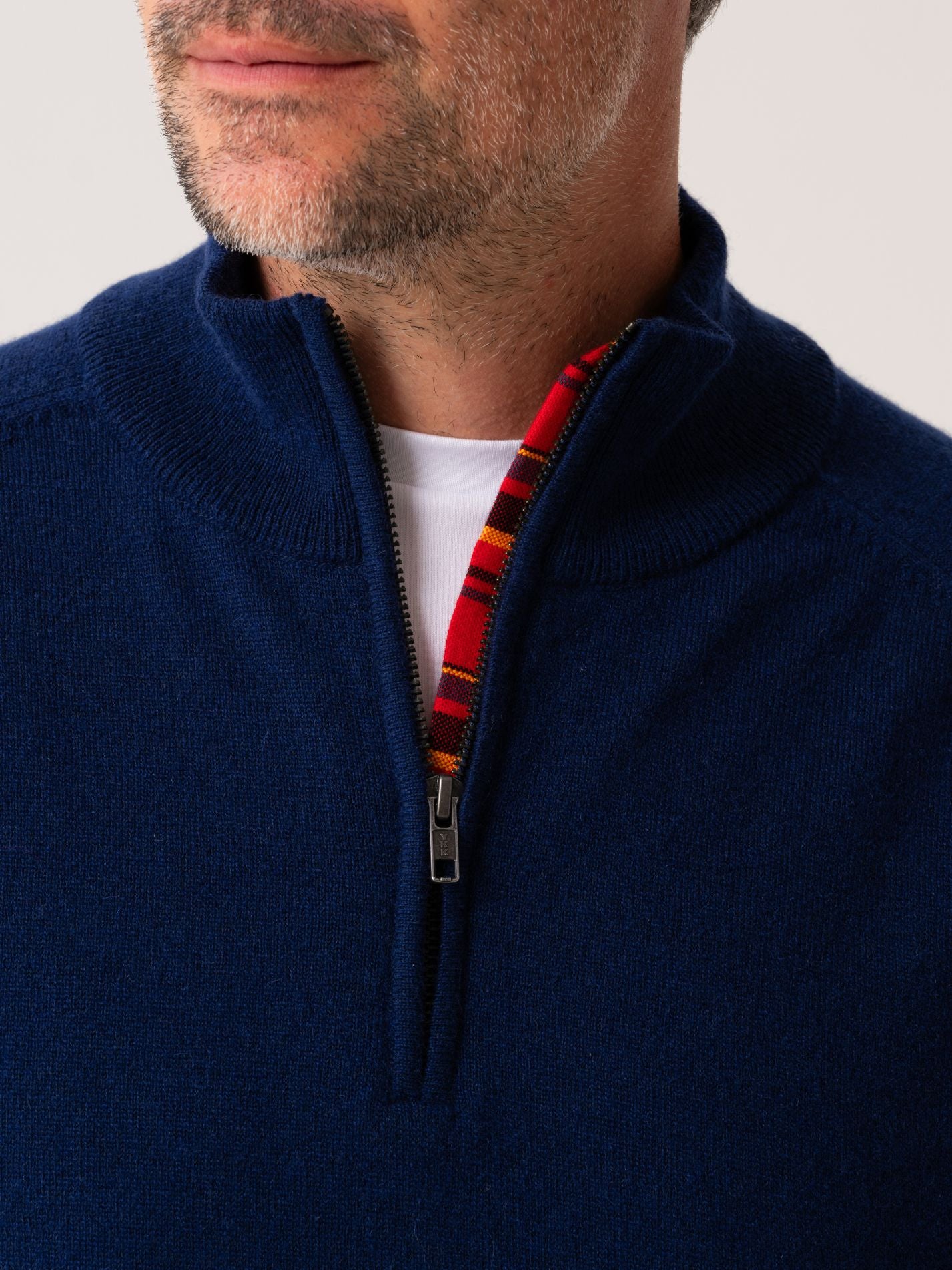 Mens Navy Quarter Zip Jumper - Wool & Cashmere blend with African fabric detail.