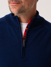 Mens Navy Quarter Zip Jumper - Wool & Cashmere blend with African fabric detail.