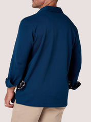 Navy long-sleeve Cotton Piqué polo shirt, Kenyan Kikoy trim on the front placket, cuffs and collar