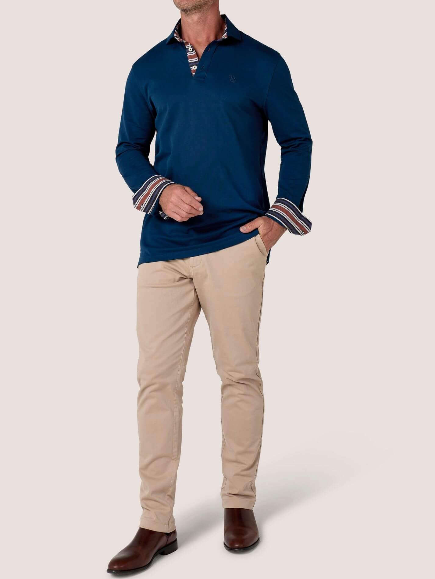 Navy long-sleeve Cotton Piqué polo shirt, Kenyan Kikoy trim on the front placket, cuffs and collar