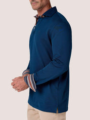 Navy long-sleeve Cotton Piqué polo shirt, Kenyan Kikoy trim on the front placket, cuffs and collar