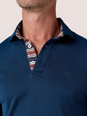 Navy long-sleeve Cotton Piqué polo shirt, Kenyan Kikoy trim on the front placket, cuffs and collar