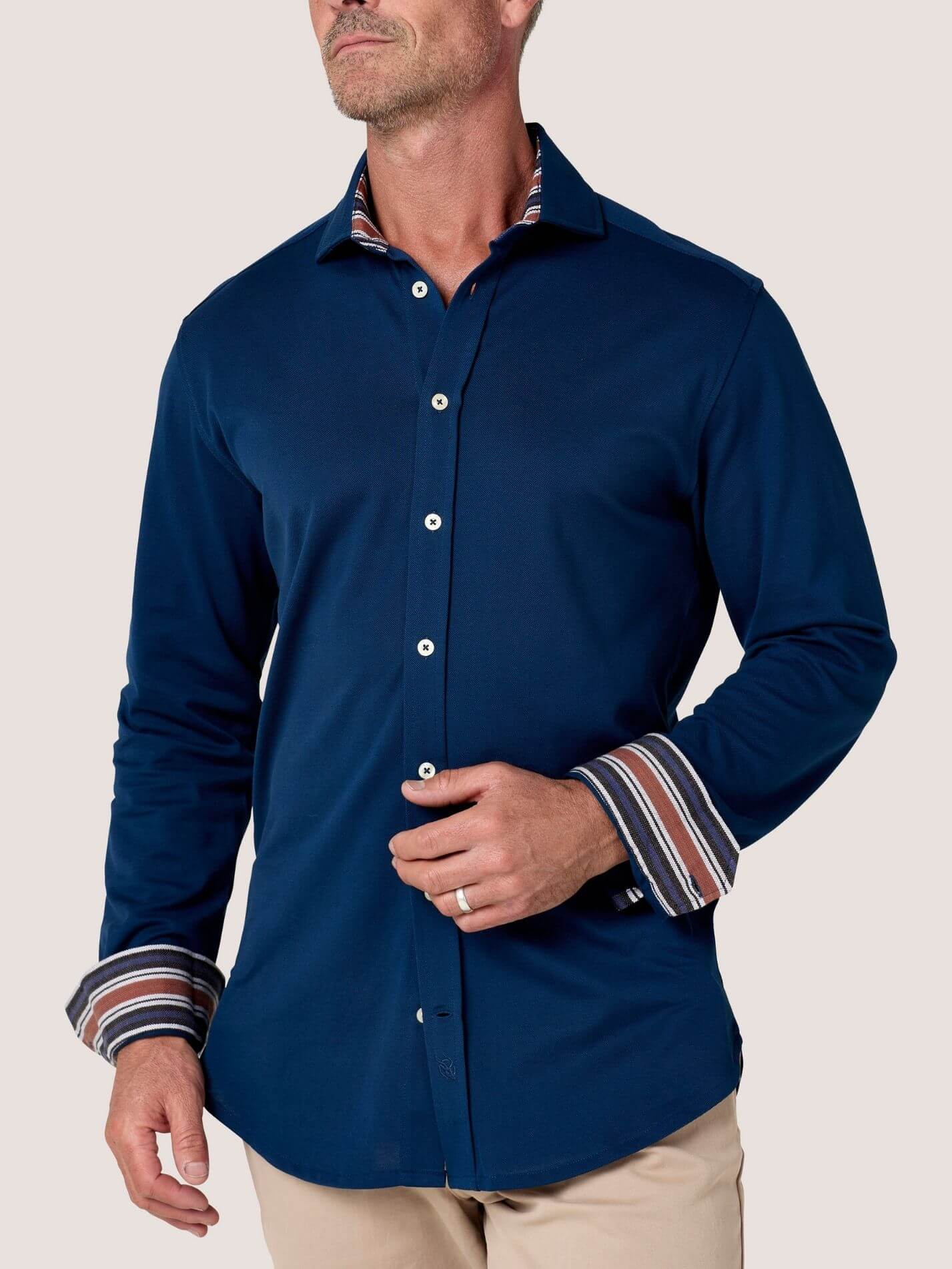 Navy Cotton Piqué shirt with cutaway collar, Kenyan Kikoy trim inside the collar, cuffs and side gusset
