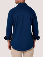 Navy Cotton Piqué shirt with cutaway collar, Kenyan Kikoy trim inside the collar, cuffs and side gusset