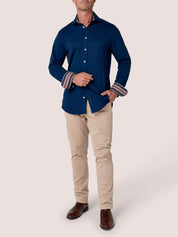 Navy Cotton Piqué shirt with cutaway collar, Kenyan Kikoy trim inside the collar, cuffs and side gusset