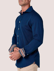 Navy Cotton Piqué shirt with cutaway collar, Kenyan Kikoy trim inside the collar, cuffs and side gusset