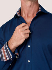 Navy Cotton Piqué shirt with cutaway collar, Kenyan Kikoy trim inside the collar, cuffs and side gusset