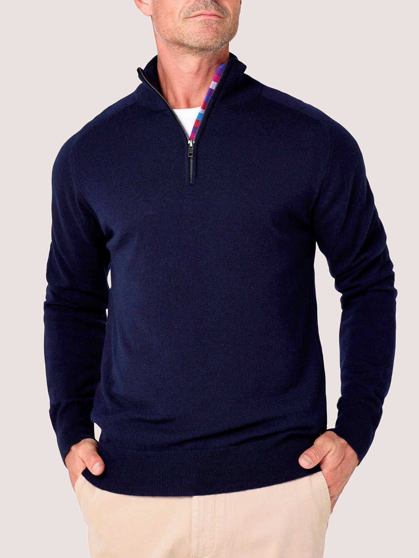 Dark Navy quarter-zip jumper in 100% Merino wool, with Kenyan Kikoy trim inside the collar