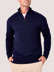 Dark Navy quarter-zip jumper in 100% Merino wool, with Kenyan Kikoy trim inside the collar