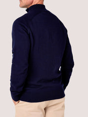 Dark Navy quarter-zip jumper in 100% Merino wool, with Kenyan Kikoy trim inside the collar
