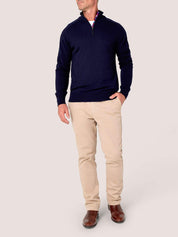 Dark Navy quarter-zip jumper in 100% Merino wool, with Kenyan Kikoy trim inside the collar