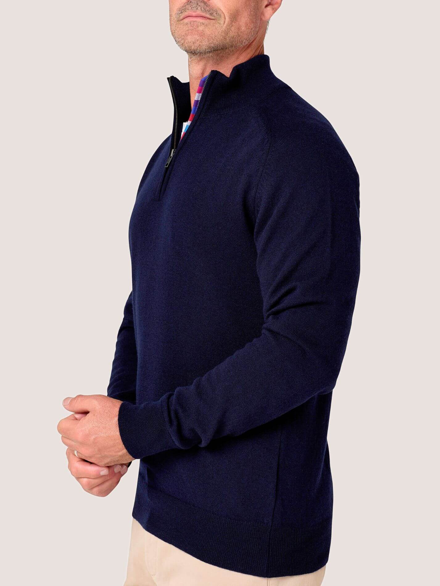 Dark Navy quarter-zip jumper in 100% Merino wool, with Kenyan Kikoy trim inside the collar