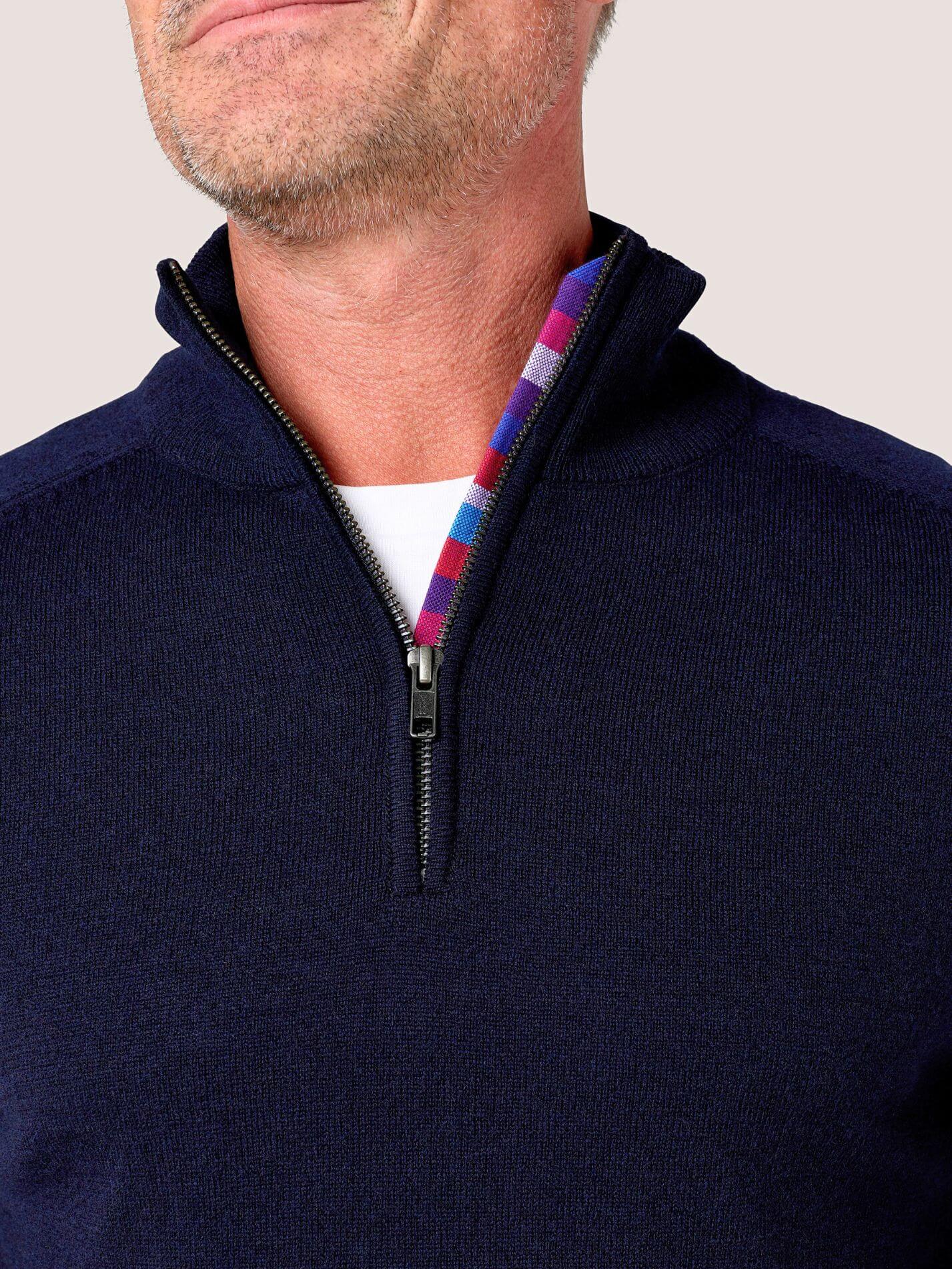 Dark Navy quarter-zip jumper in 100% Merino wool, with Kenyan Kikoy trim inside the collar