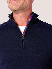 Dark Navy quarter-zip jumper in 100% Merino wool, with Kenyan Kikoy trim inside the collar