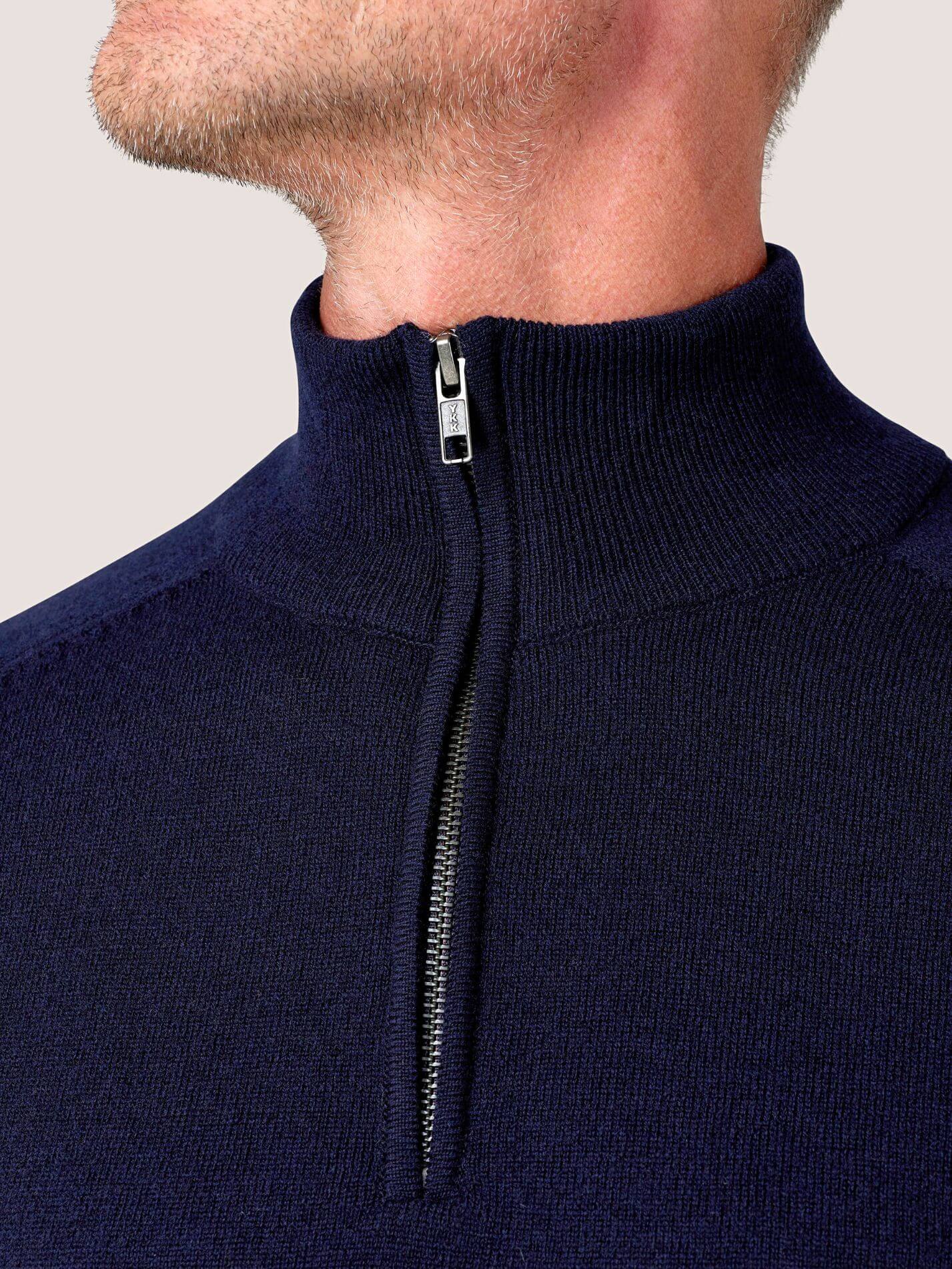 Dark Navy quarter-zip jumper in 100% Merino wool, with Kenyan Kikoy trim inside the collar
