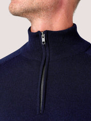 Dark Navy quarter-zip jumper in 100% Merino wool, with Kenyan Kikoy trim inside the collar