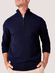 Dark Navy quarter-zip jumper in 100% Merino wool, with Kenyan Kikoy trim inside the collar
