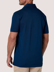 Navy short-sleeve Cotton Piqué polo shirt, Kenyan Kikoy trim on the front placket and collar
