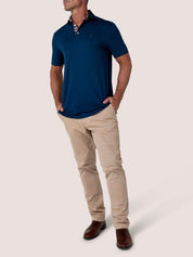 Navy short-sleeve Cotton Piqué polo shirt, Kenyan Kikoy trim on the front placket and collar