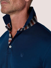 Navy short-sleeve Cotton Piqué polo shirt, Kenyan Kikoy trim on the front placket and collar