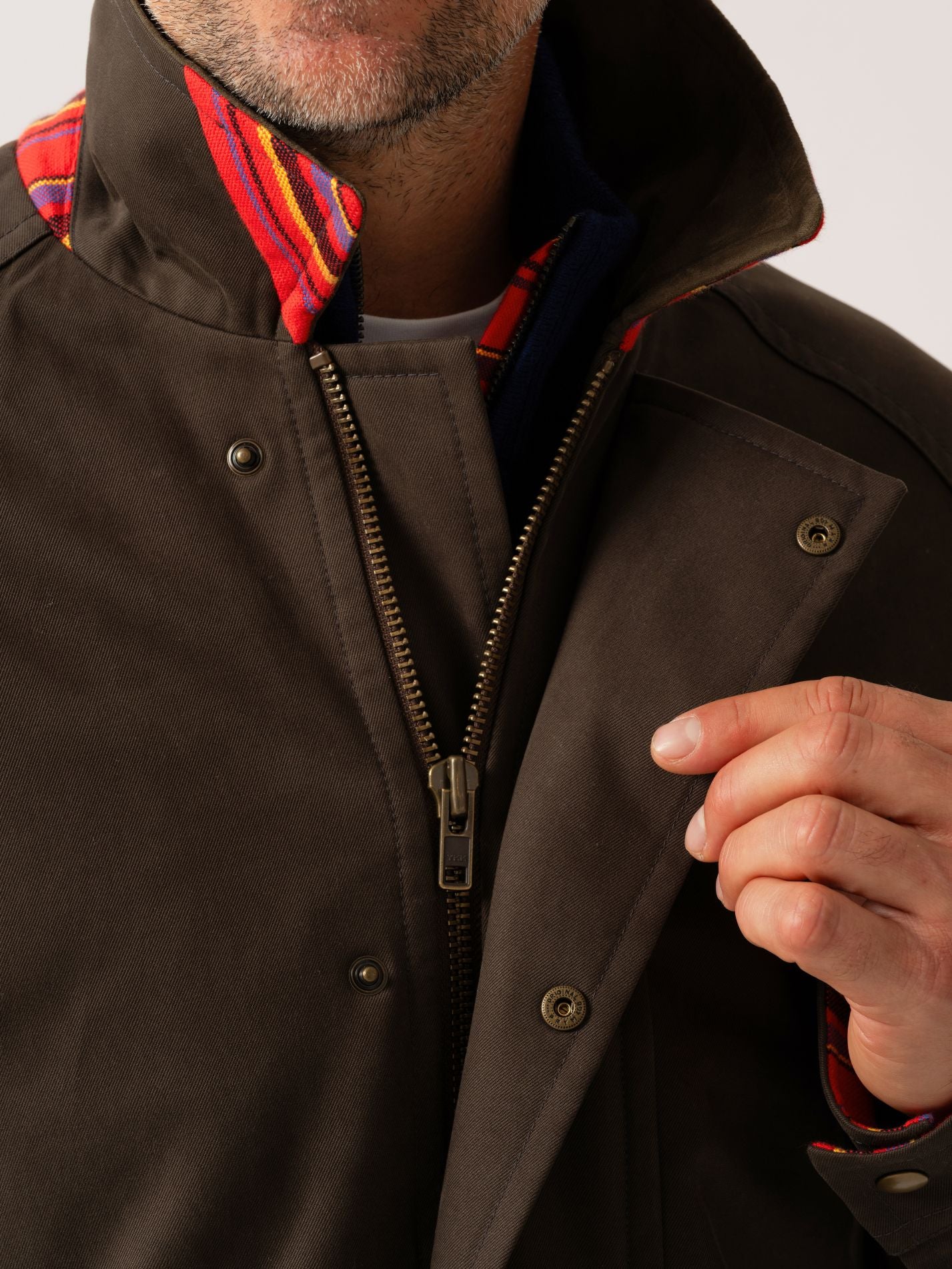 Mens outerwear coat in Dark Olive with strong YKK zip and metal press-stud buttons
