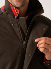 Mens outerwear coat in Dark Olive with strong YKK zip and metal press-stud buttons