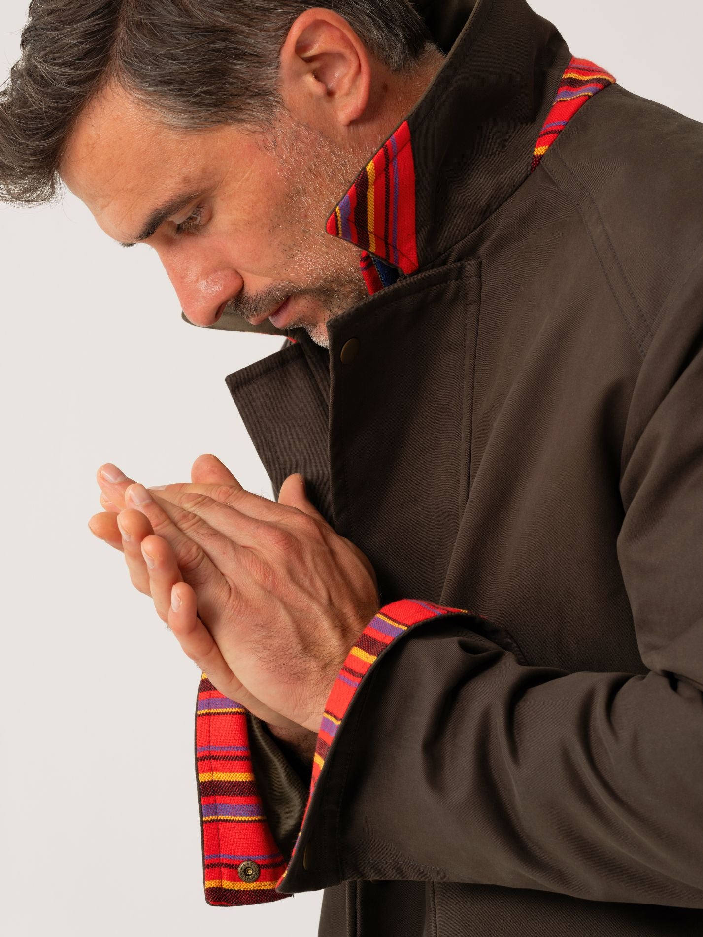 Mens outerwear coat in Dark Olive with African fabric detail