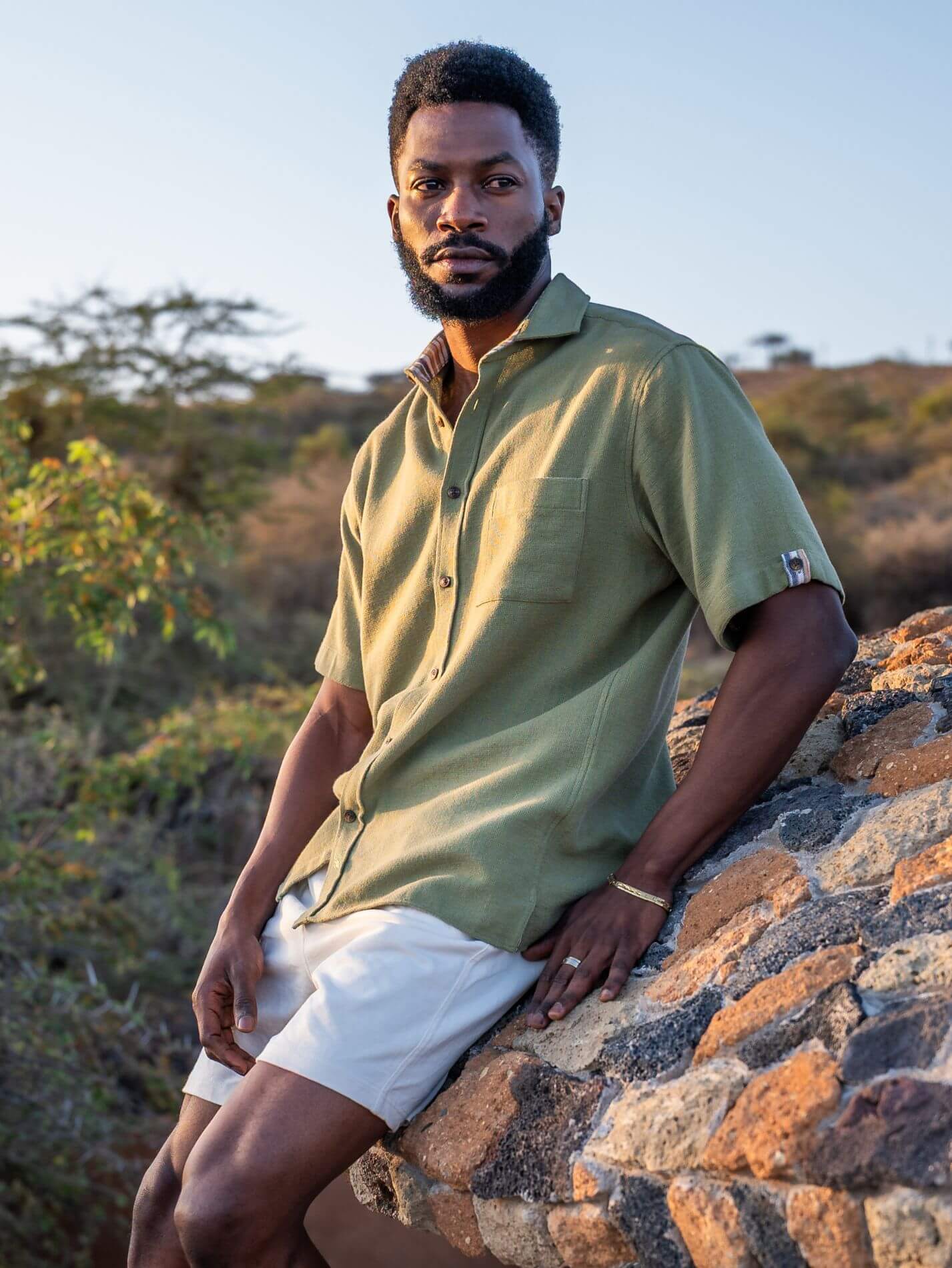 Olive Sack Weave Short Sleeve Shirt