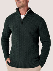 Pine Green cable knit quarter-zip jumper in Merino wool and cashmere, with Kenyan Kikoy trim inside the collar