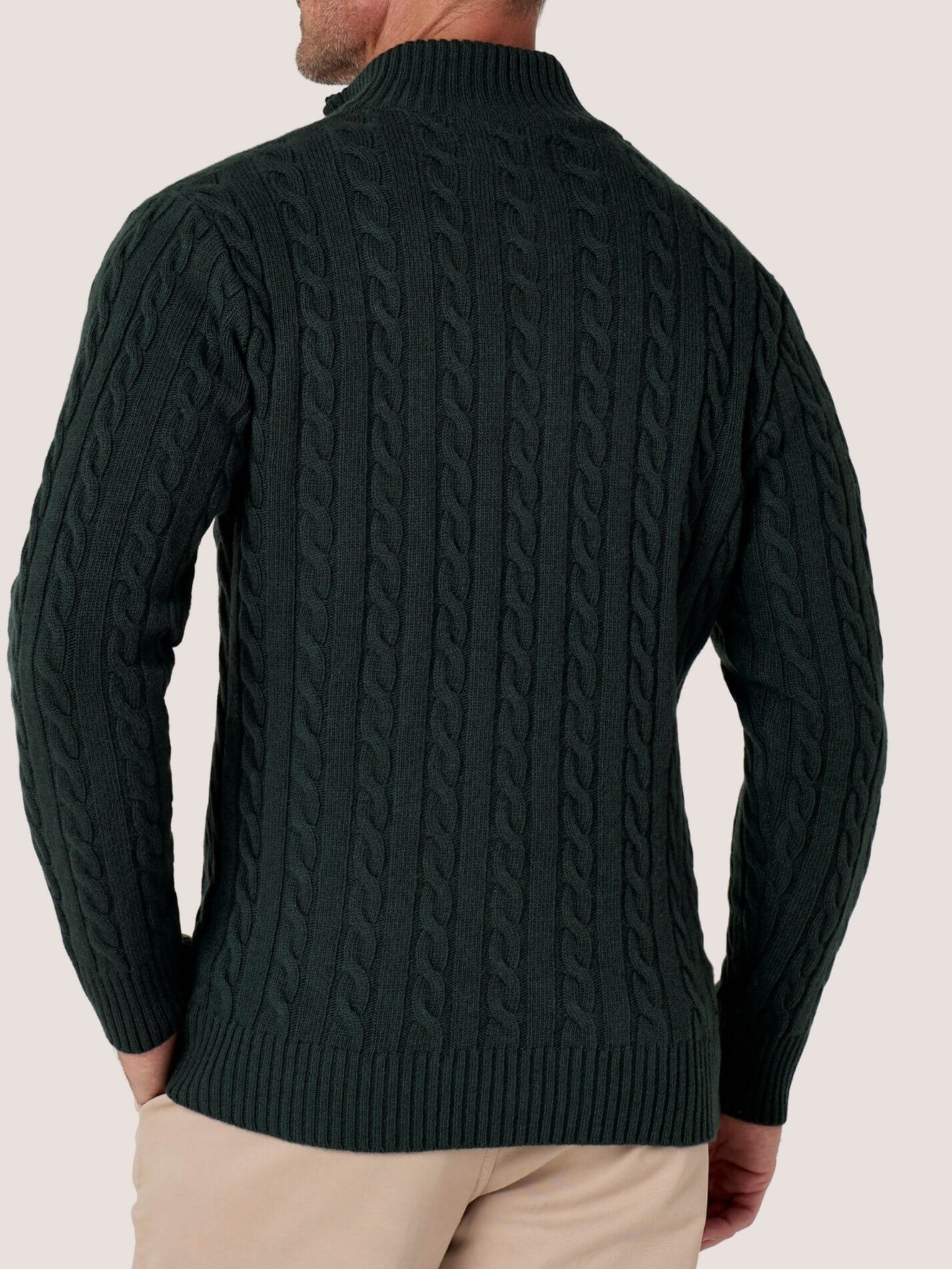 Pine Green cable knit quarter-zip jumper in Merino wool and cashmere, with Kenyan Kikoy trim inside the collar