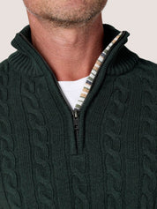 Pine Green cable knit quarter-zip jumper in Merino wool and cashmere, with Kenyan Kikoy trim inside the collar
