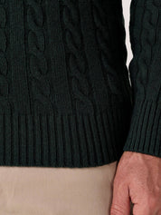 Pine Green cable knit quarter-zip jumper in Merino wool and cashmere, with Kenyan Kikoy trim inside the collar