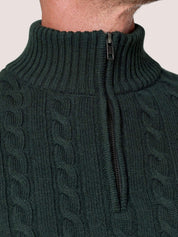Pine Green cable knit quarter-zip jumper in Merino wool and cashmere, with Kenyan Kikoy trim inside the collar