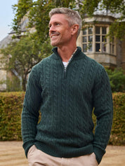Pine Green cable knit quarter-zip jumper in Merino wool and cashmere, with Kenyan Kikoy trim inside the collar
