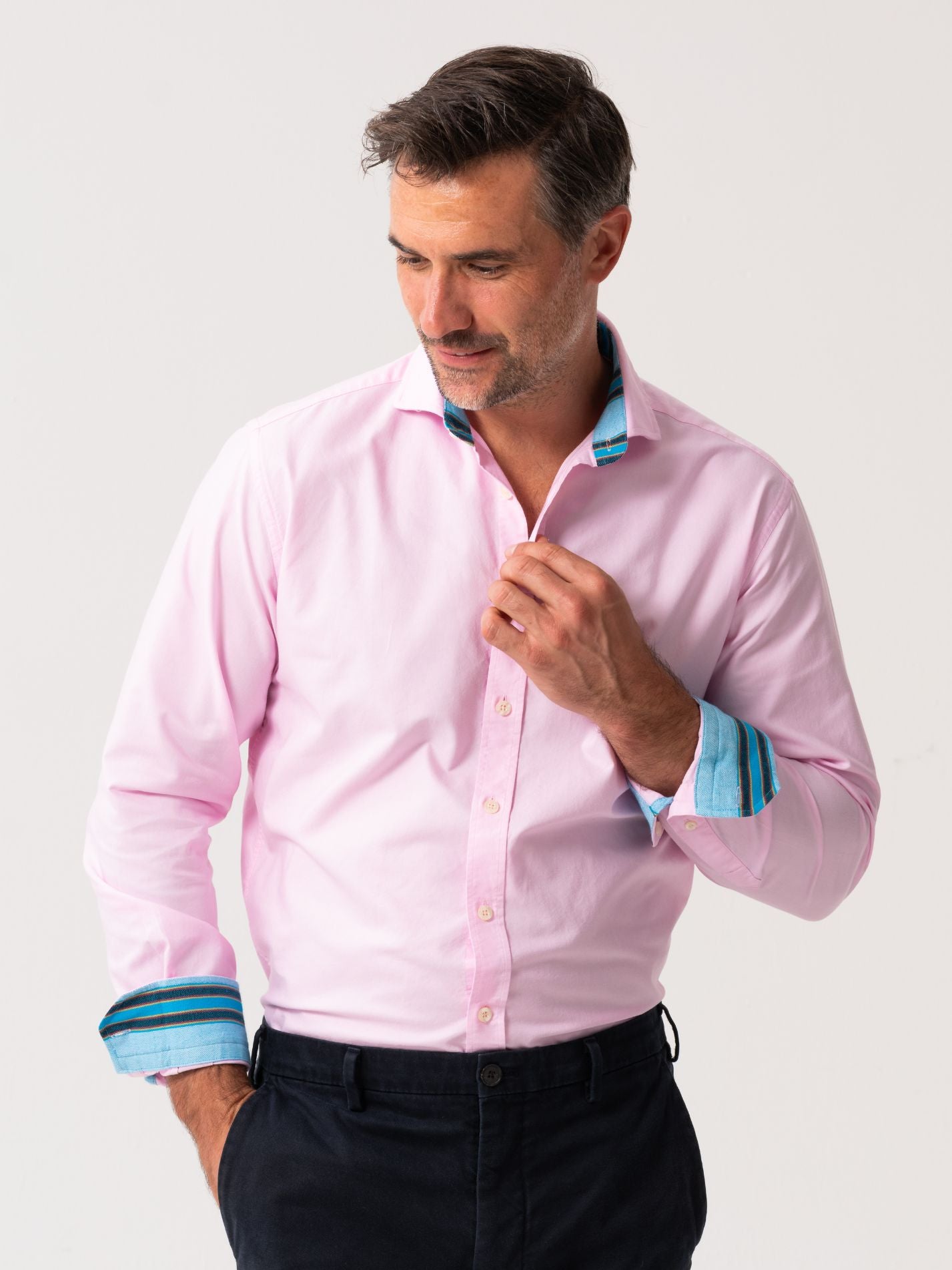 Mens Pink Oxford Shirt made from organic cotton with African fabric trim - front view