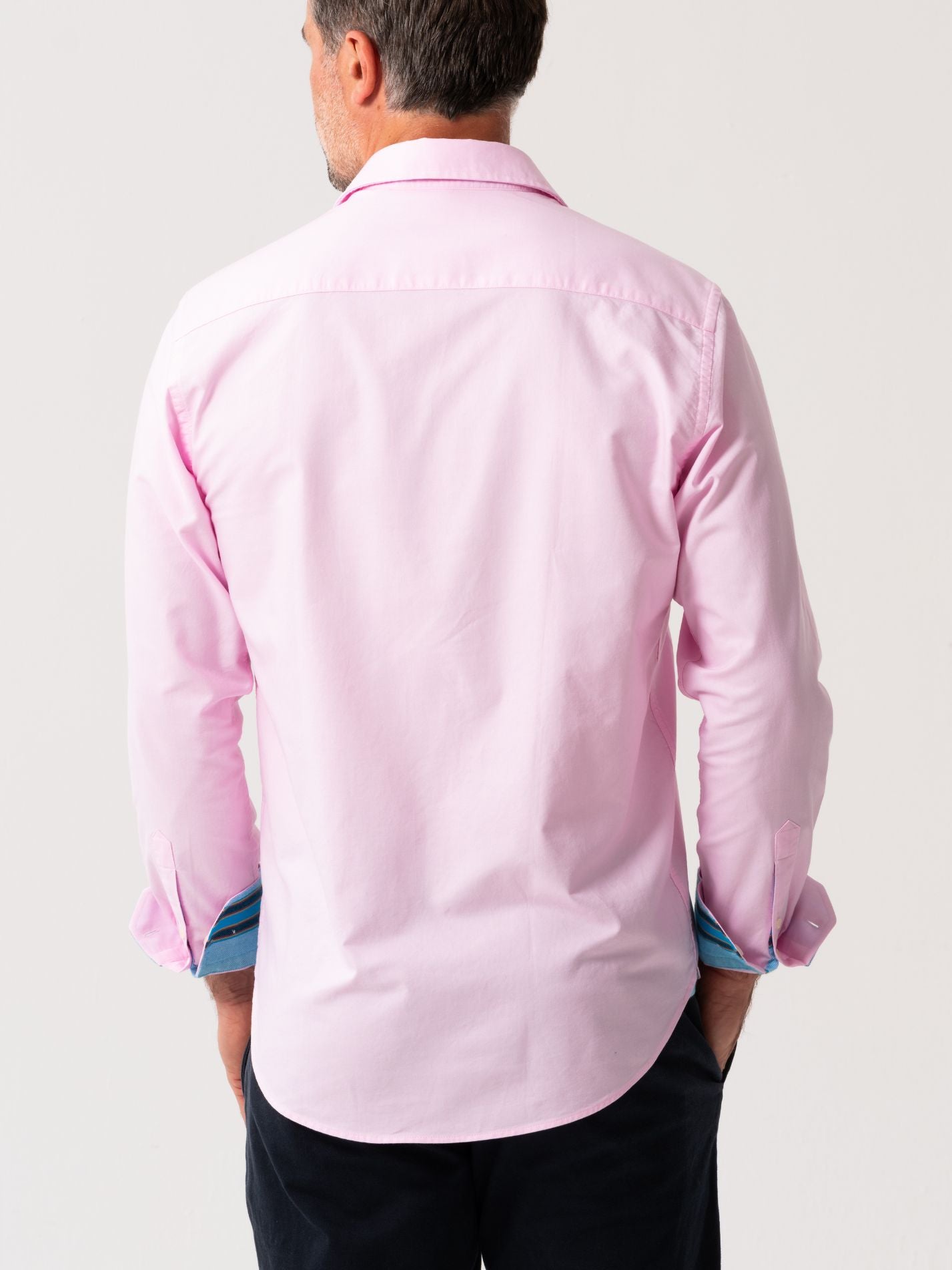 Mens Pink Oxford Shirt made from organic cotton with African fabric trim - back view