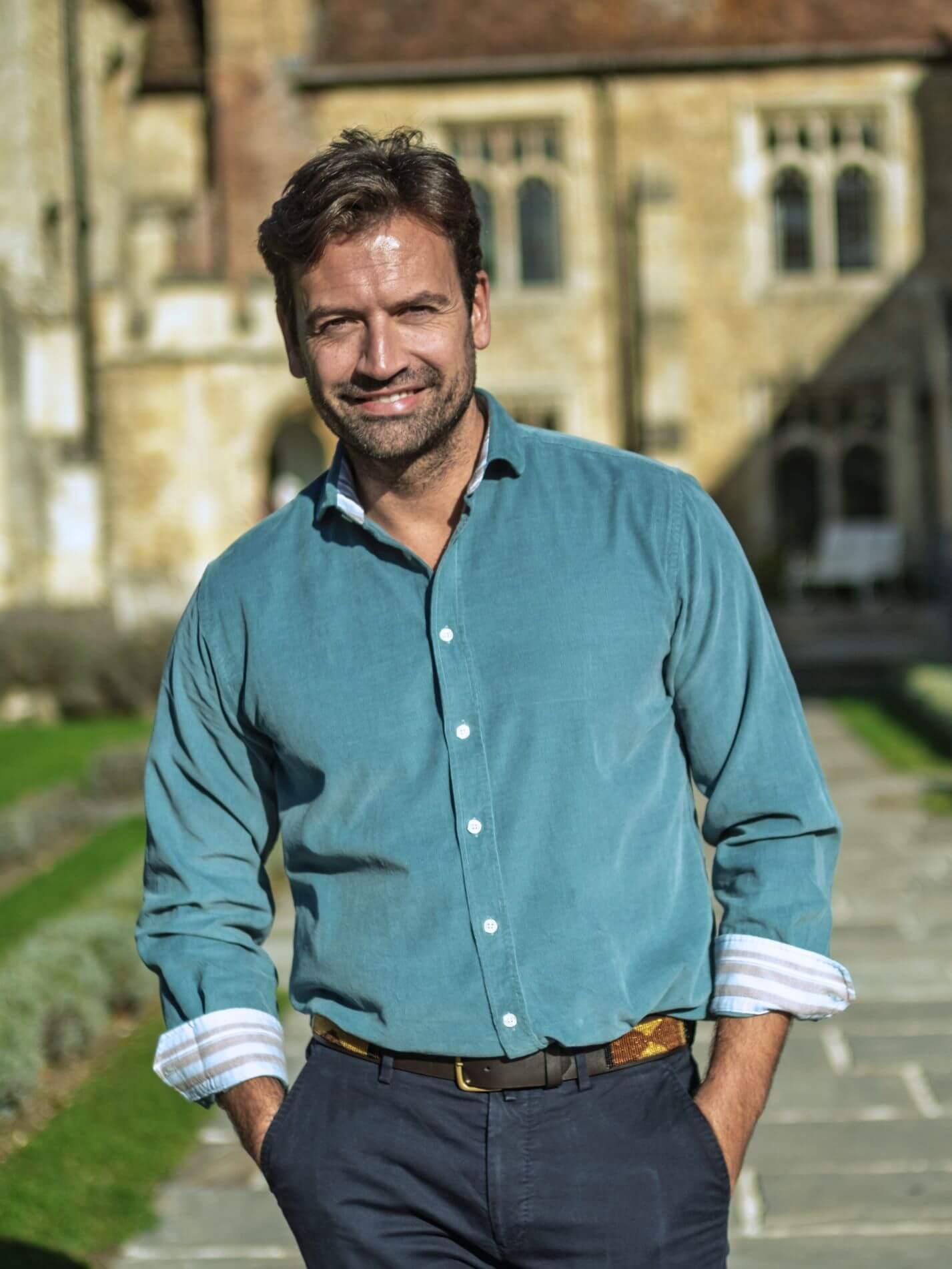 Mens Petrol Blue Corduroy Shirt - Front view