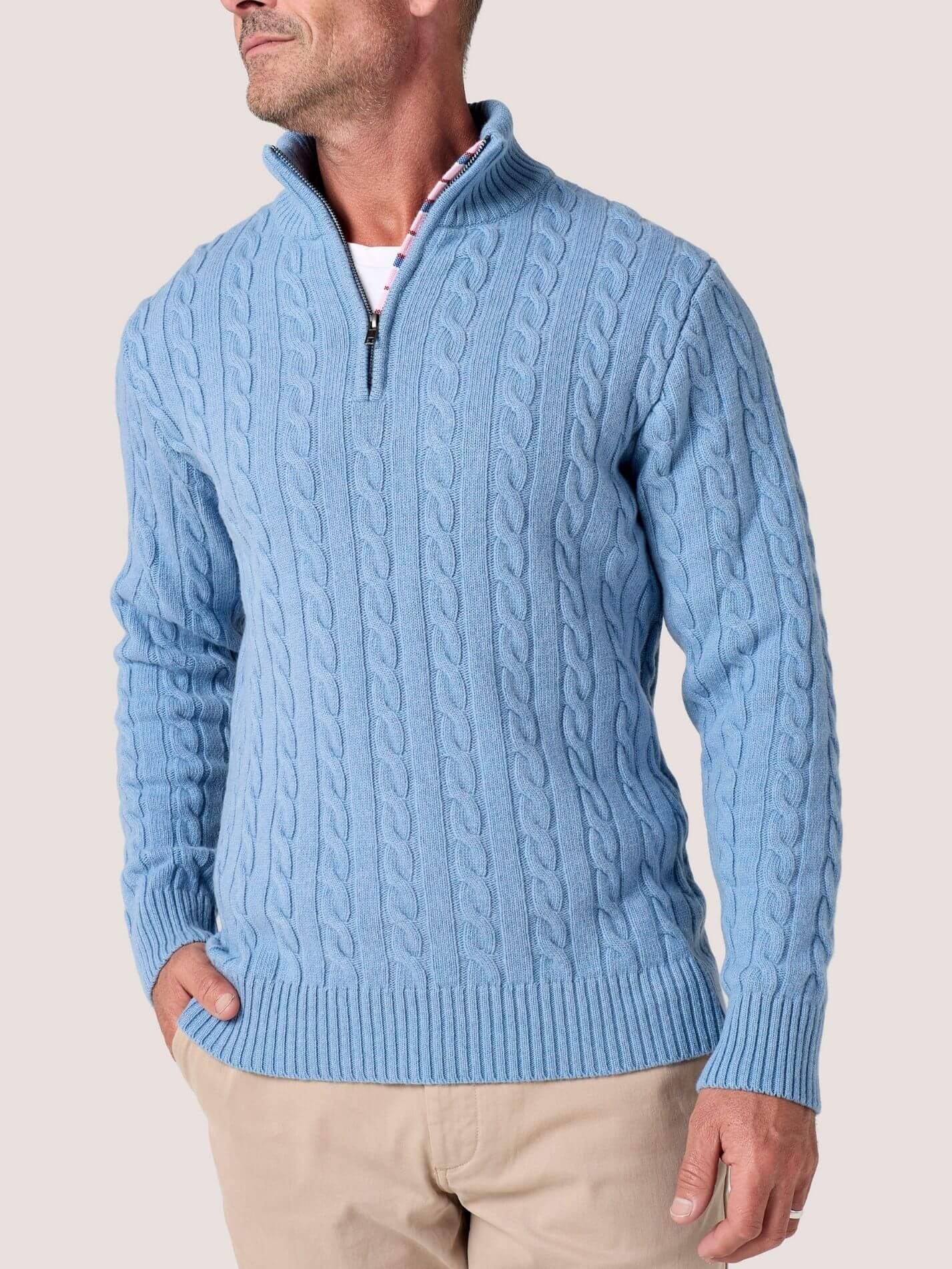 Powder Blue cable knit quarter-zip jumper in Merino wool and cashmere, with Kenyan Kikoy trim inside the collar