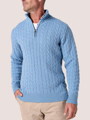 Powder Blue cable knit quarter-zip jumper in Merino wool and cashmere, with Kenyan Kikoy trim inside the collar