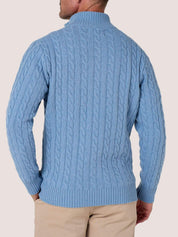 Powder Blue cable knit quarter-zip jumper in Merino wool and cashmere, with Kenyan Kikoy trim inside the collar