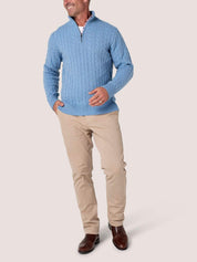 Powder Blue cable knit quarter-zip jumper in Merino wool and cashmere, with Kenyan Kikoy trim inside the collar