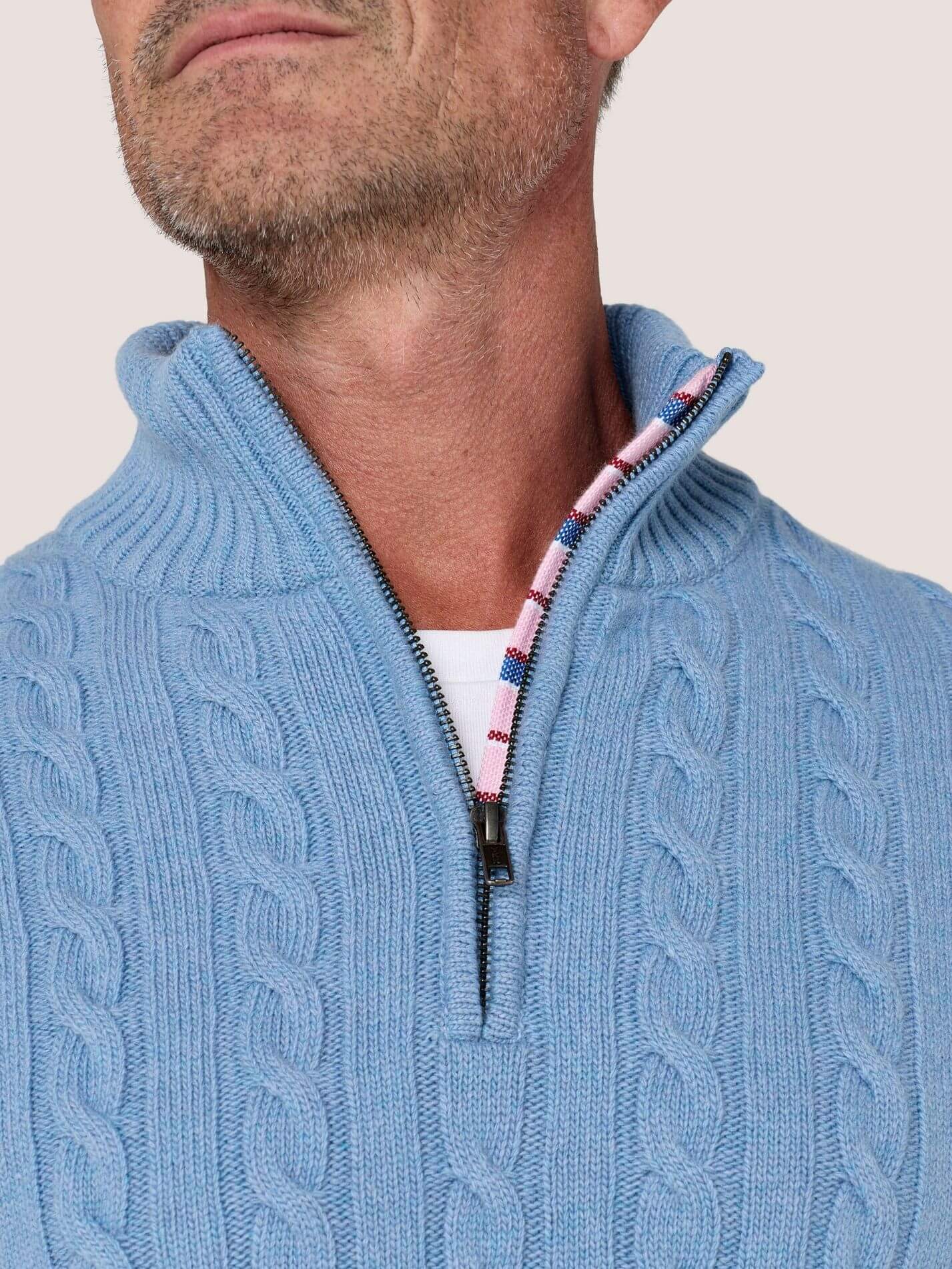 Powder Blue cable knit quarter-zip jumper in Merino wool and cashmere, with Kenyan Kikoy trim inside the collar