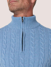Powder Blue cable knit quarter-zip jumper in Merino wool and cashmere, with Kenyan Kikoy trim inside the collar