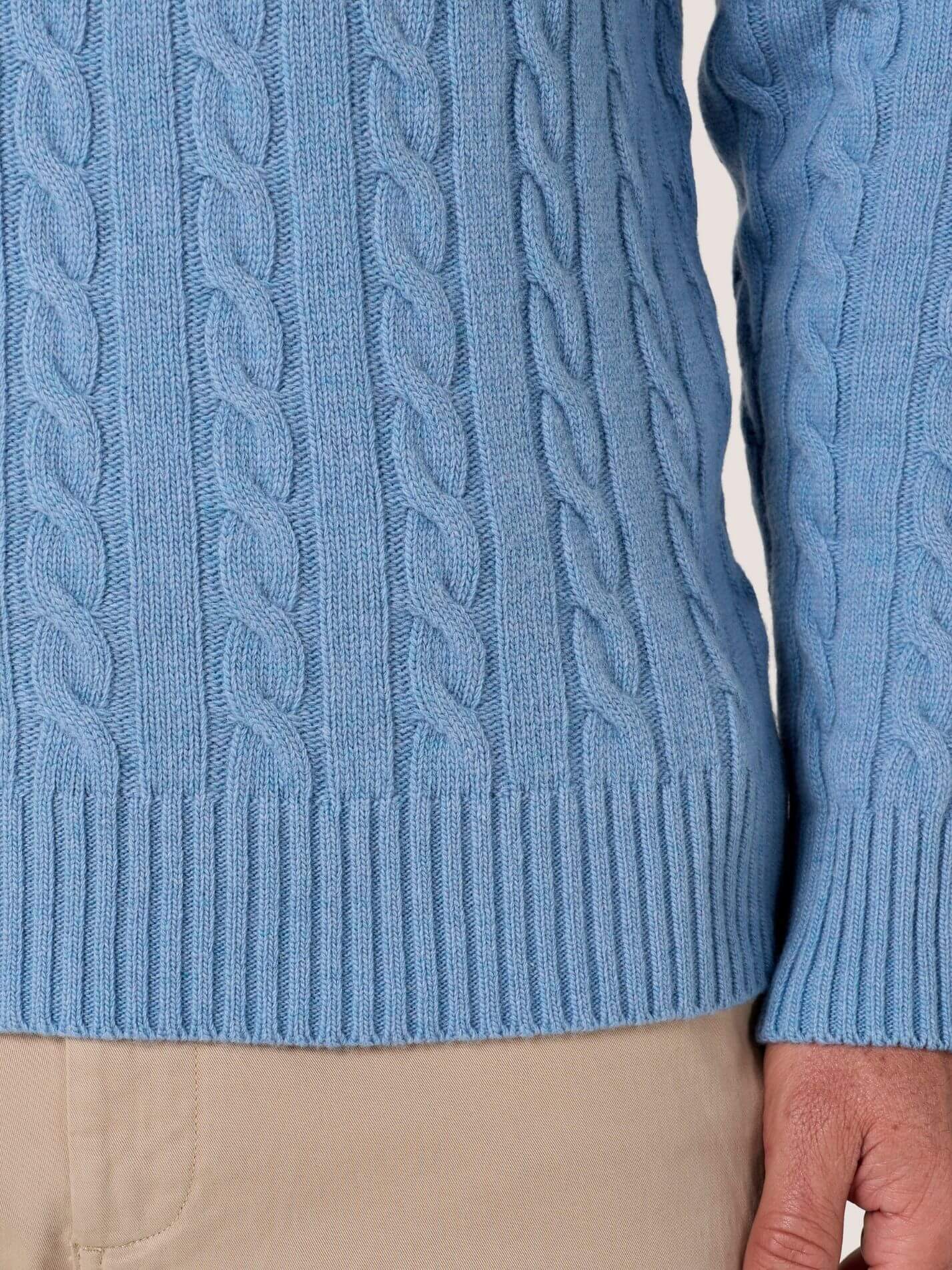 Powder Blue cable knit quarter-zip jumper in Merino wool and cashmere, with Kenyan Kikoy trim inside the collar