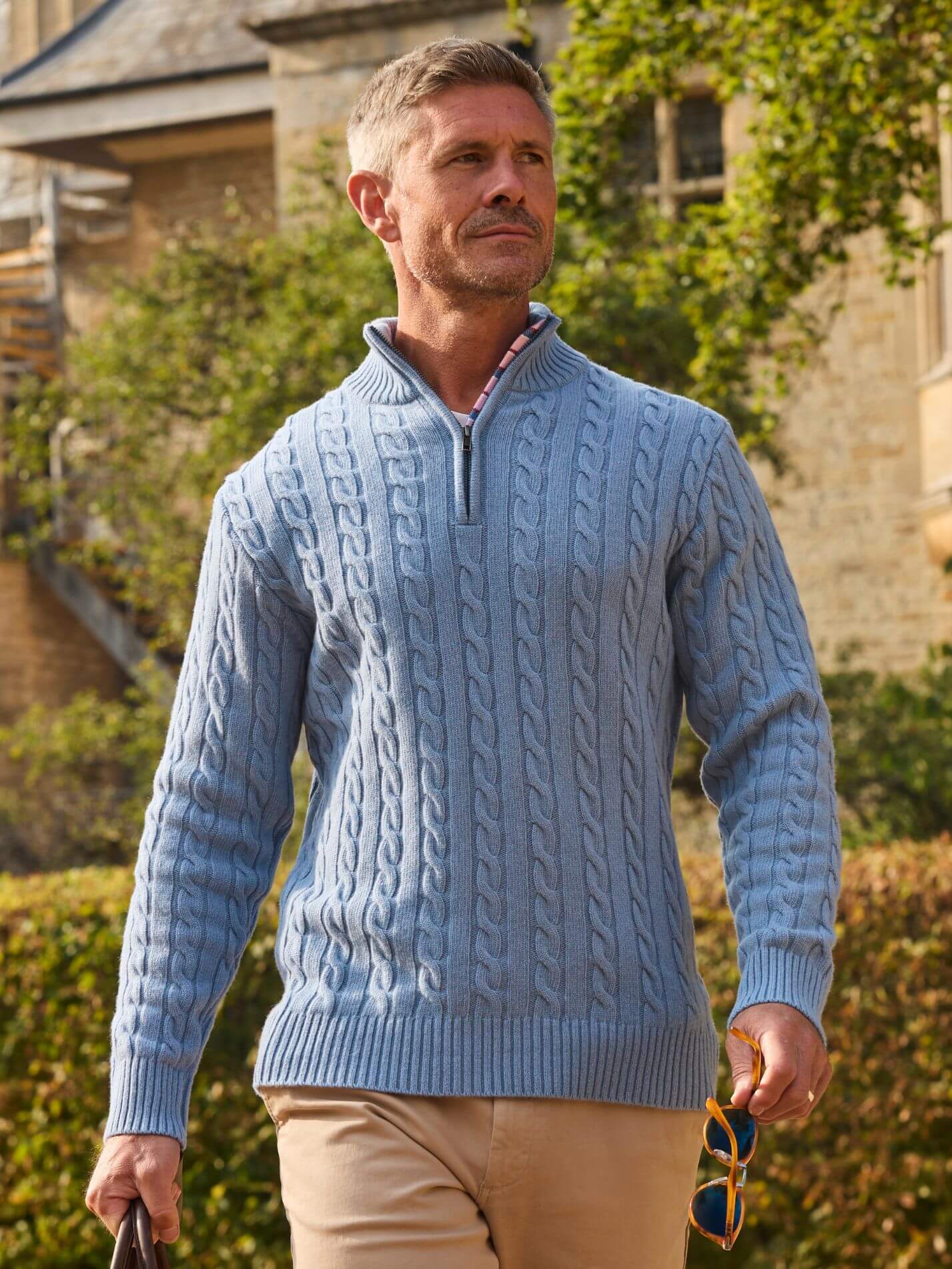 Powder Blue cable knit quarter-zip jumper in Merino wool and cashmere, with Kenyan Kikoy trim inside the collar